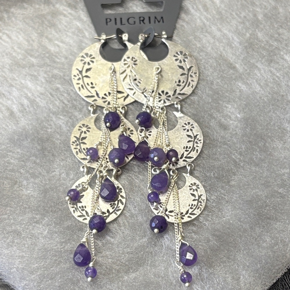 Pilgrim Silver Tone Floral Cut Out and Purple Glass Earrings